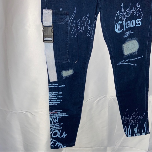 Skinny Graffiti High Waist Knee Rip Cargo Jeans - Picture 5 of 9